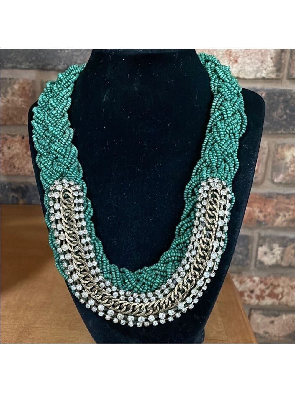 Vintage Green seed bead beaded necklace with rhinestone detail